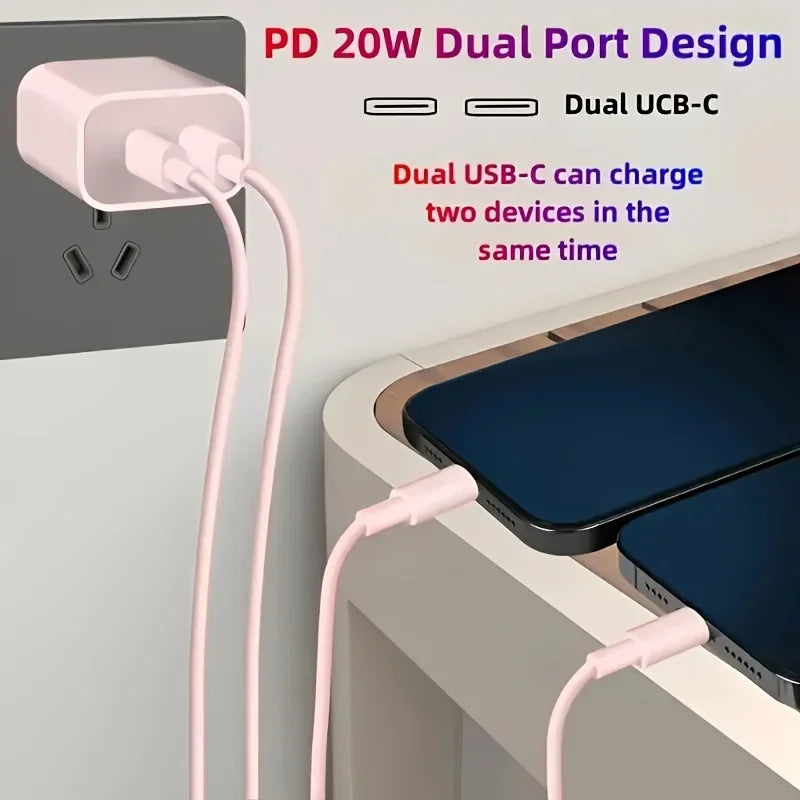 4-Fast Charging Secure Power Adapter With Dual PD20W USB-C Charger And 2 Type-C To Lightning Cables For IPhone 14/13/12/11/XS/XR