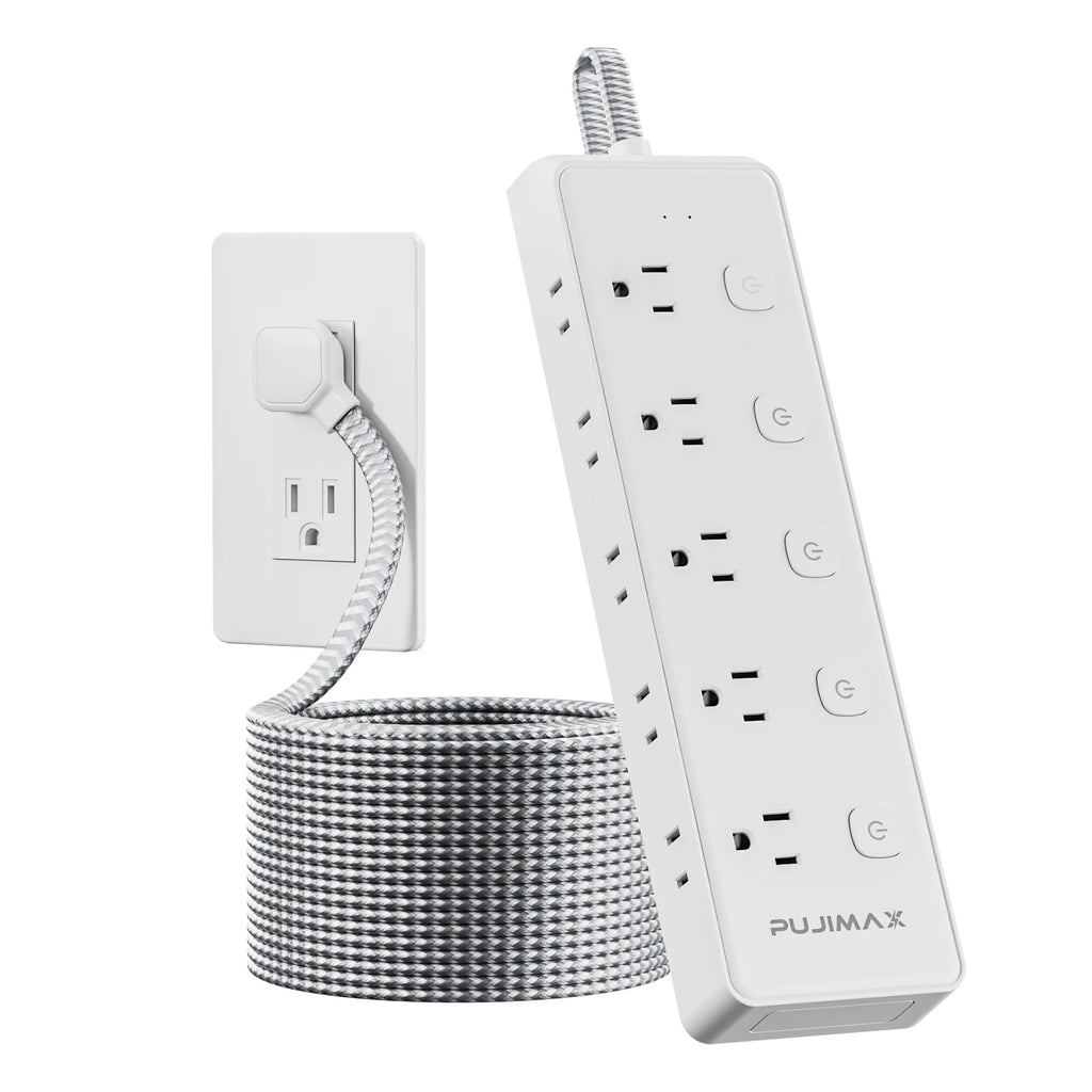 ﻿ ﻿1- ﻿ PUJIMAX Power Strip With 10 Outlets 1.5M Braided Cable Surge Protector Multi Socket Extender with Switch For Home Office