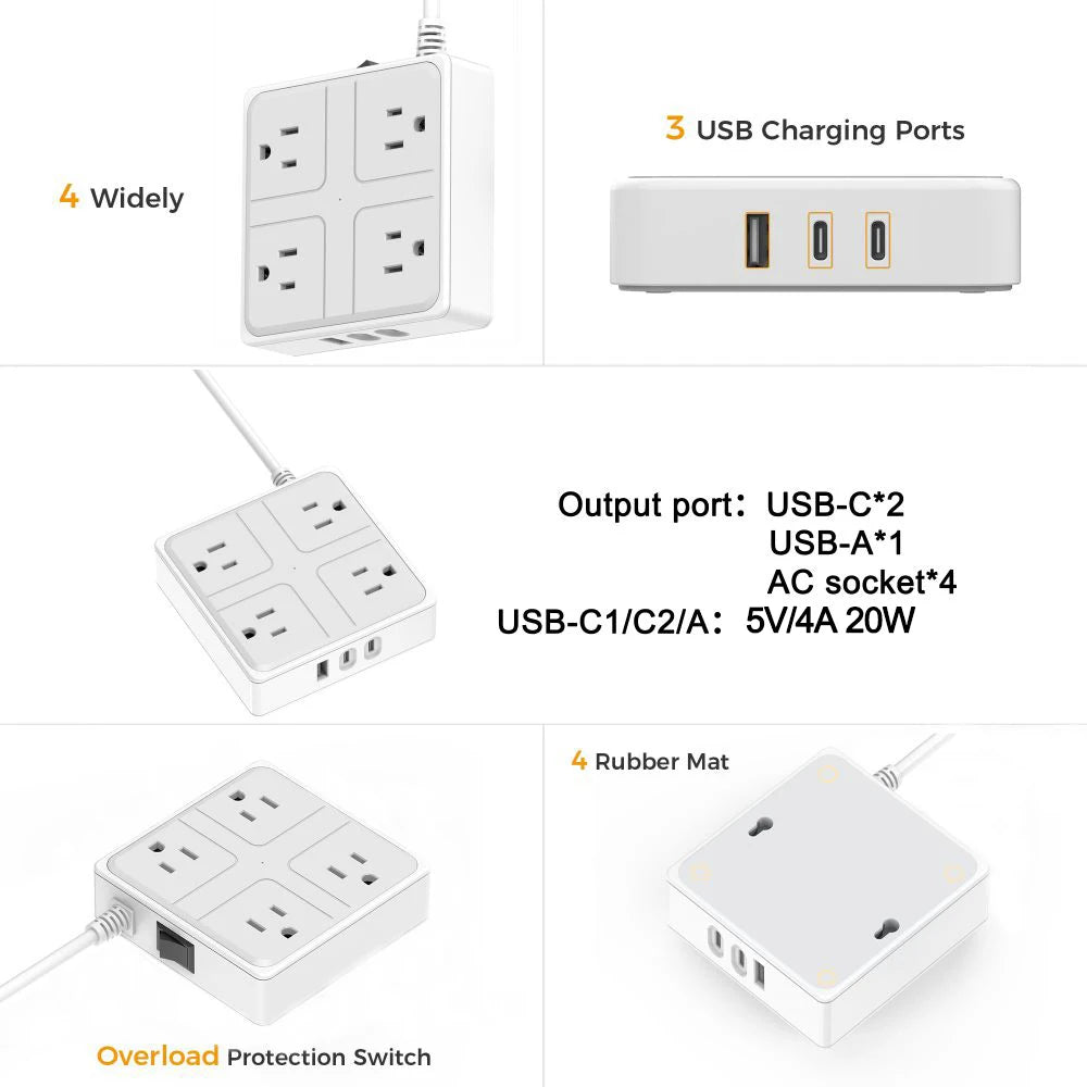1-Smart US Power Strip with USB-C – 4 AC Outlets, 3 USB Ports, 1.2m Cord, 1250W