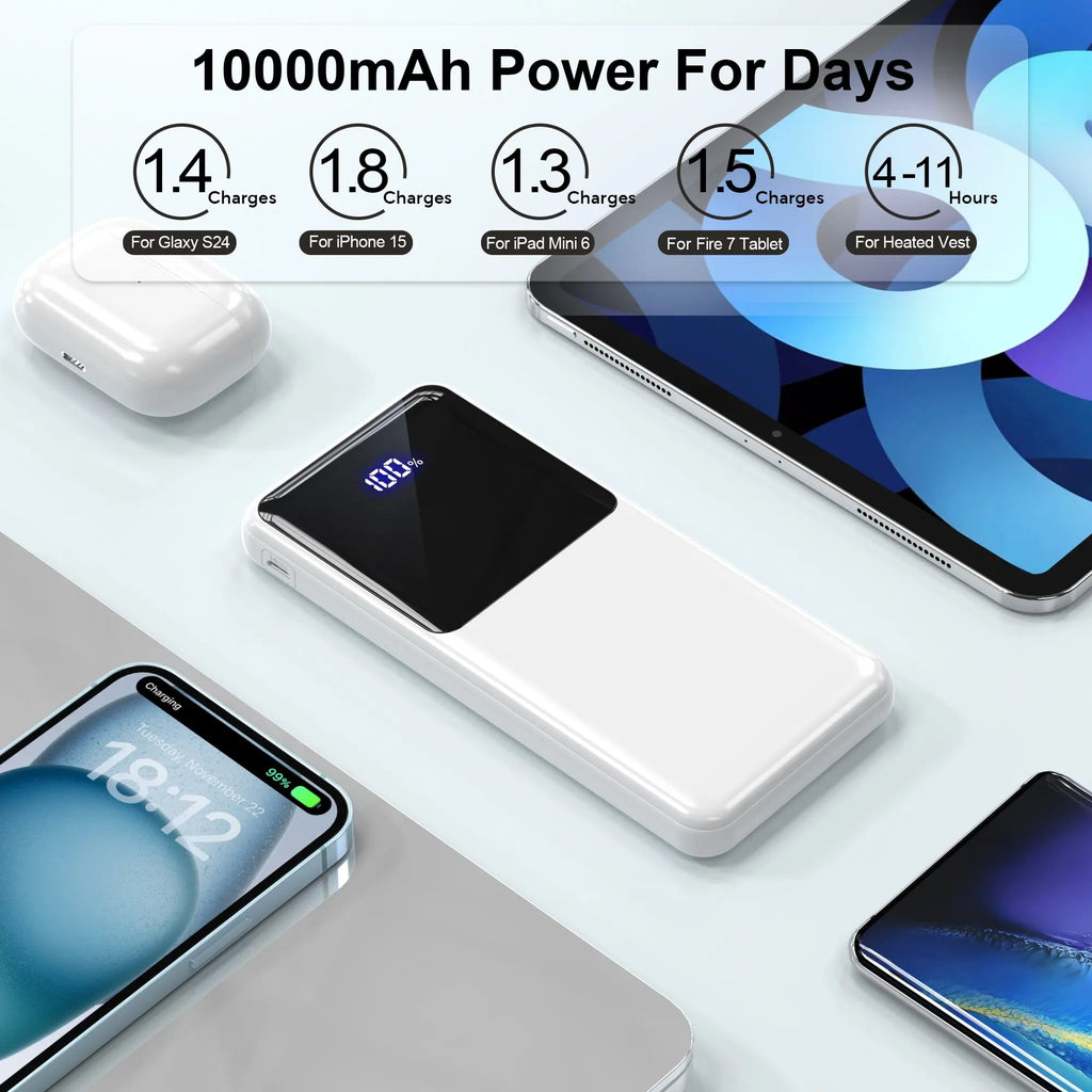 Power Bank Battery Pack Portable Charger, 10000mAh, PD 22.5W, Slim Design, 3 Outputs & 2 Inputs with LCD Display