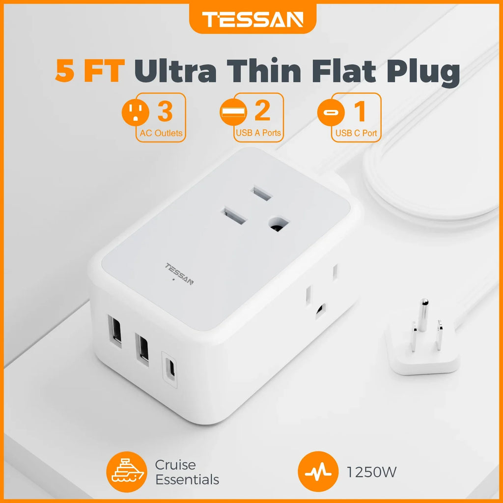 1-TESSAN Ultra Thin Extension Cord Power Strip with 3 USB 3 AC Adapter Mini Charging Station for Cruise Travel Office School Home