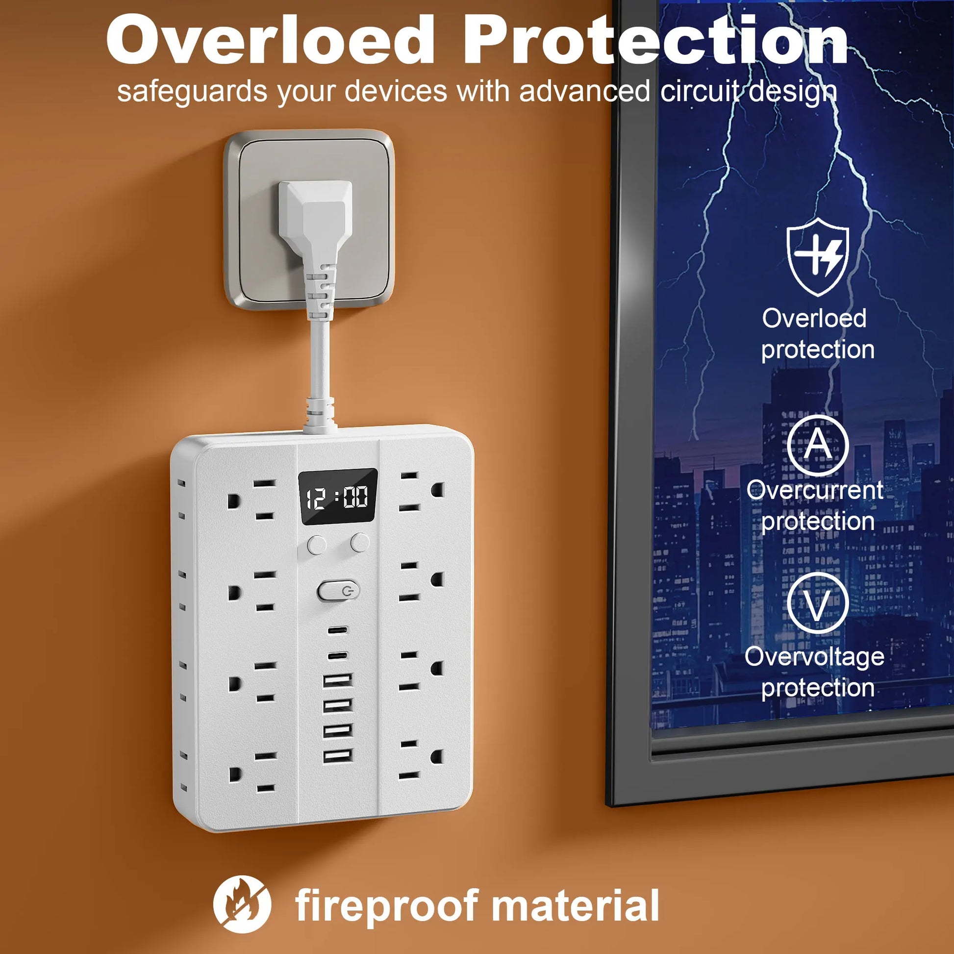 23-in-1 power strip plug line multi-directional placement, multi-hole socket with clock, 16 standard sockets, 6 USB ports,