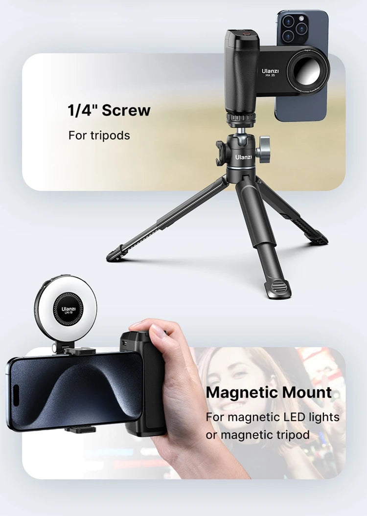 Ulanzi MA35 Selfie HandGrip Booster Bluetooth Shutter for iPhone 16 15 Android phone Photo Stabilizer Cold Shoe 1/4" Screw Mount