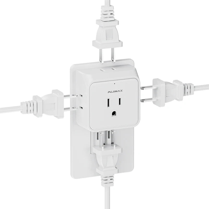 White power strip with multiple outlets and plugs