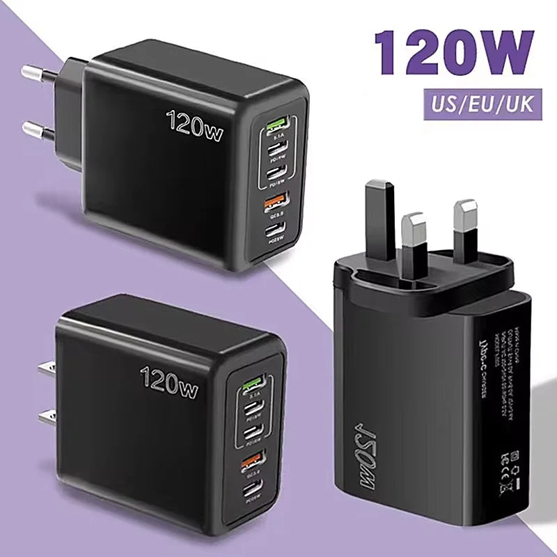 4-5 Ports USB Charger PD Fast Charging 120W Phone Charger Adapter For iPhone Samsung Xiaomi Huawei Multi Ports Type C Wall Charger