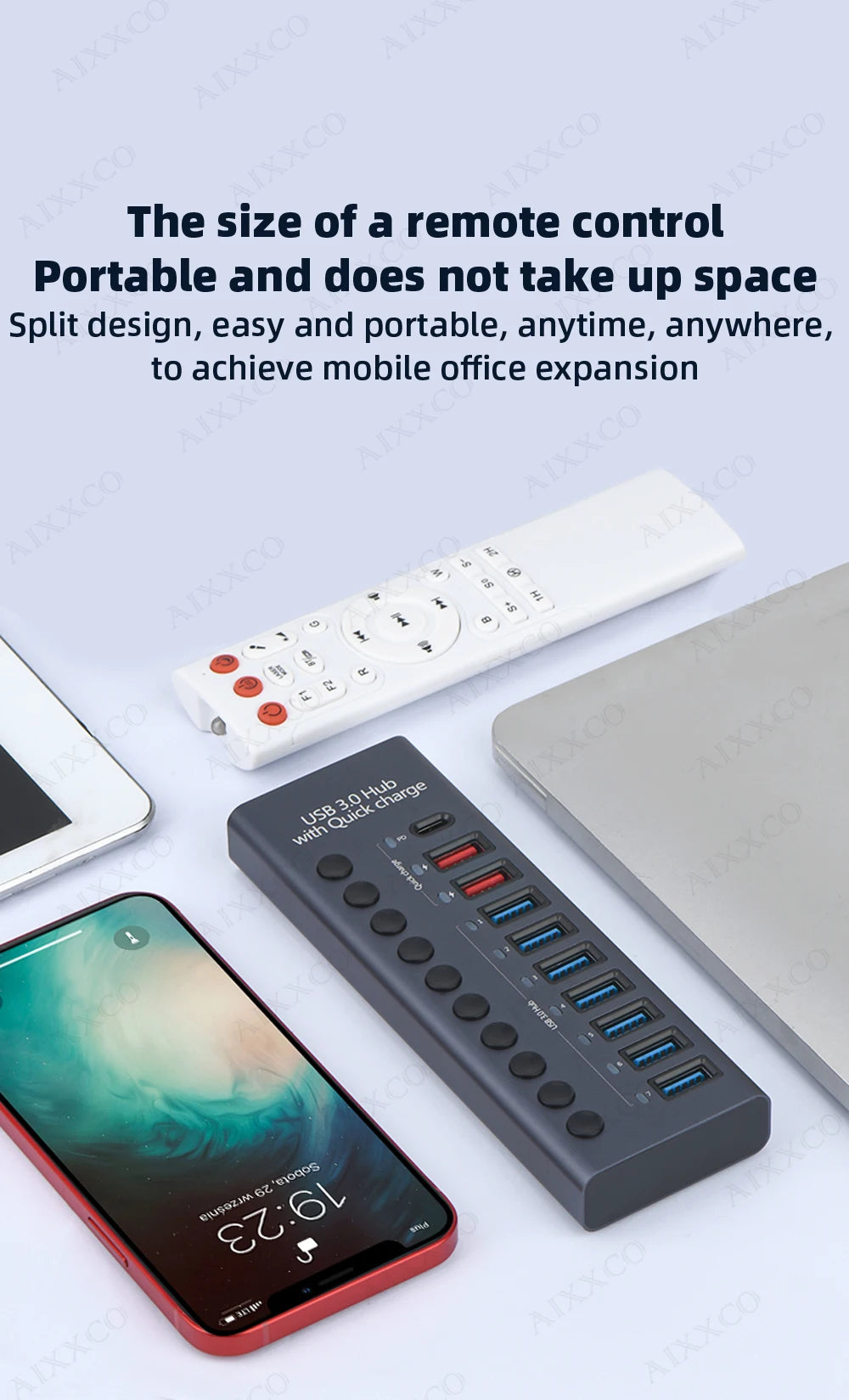 4-AIXXCO 10 Ports USB3.0 Splitter Computer Extender USB HUB 2.4A Fast Charging PD Port External 12V Power Supply
