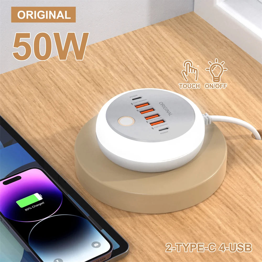 1-PD 50W Charger USB Type C 6 Ports QC3.0 Mobile Phone Wall Adapter With Touch LED Light For iPhone Samsung Xiaomi Travel Charger