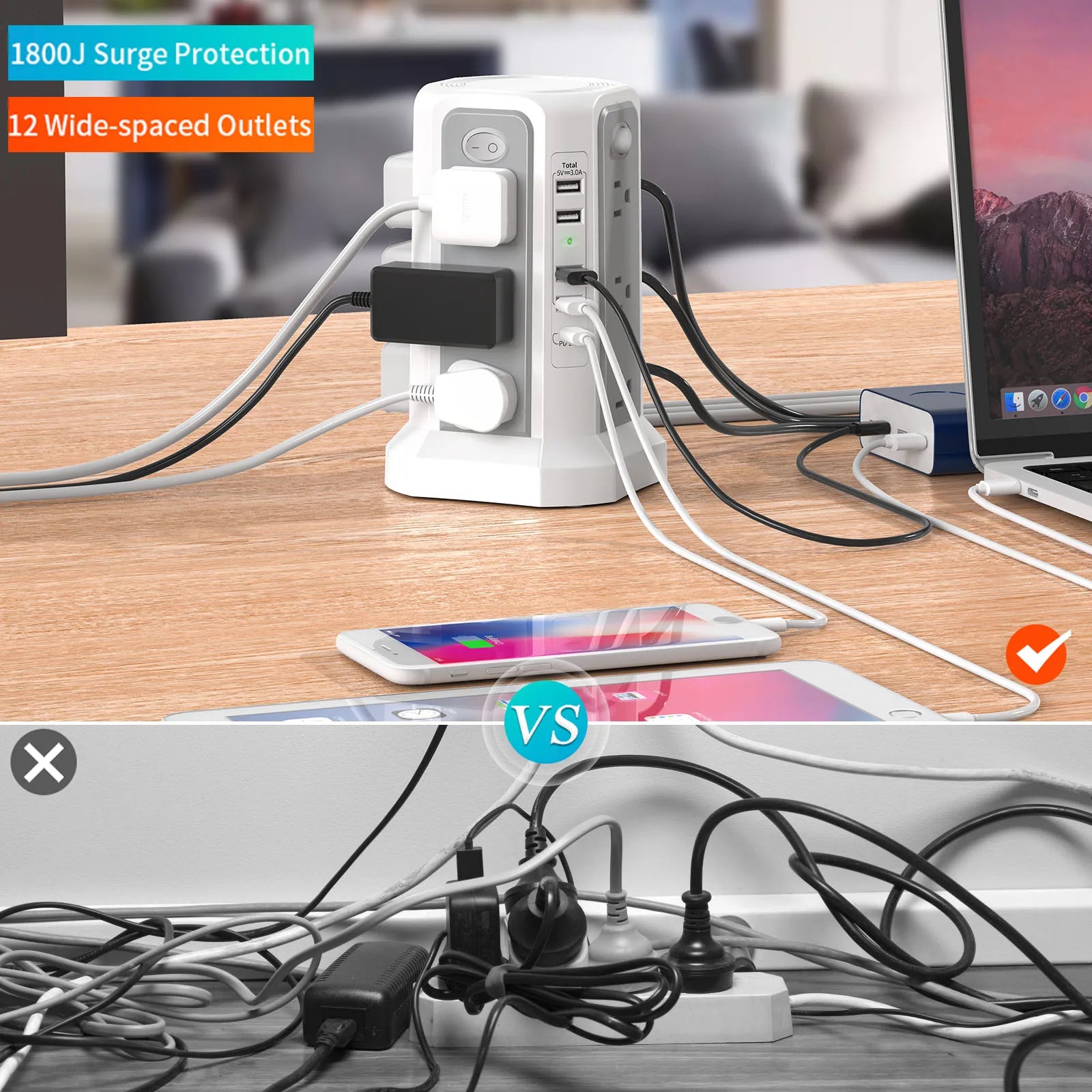 10FT Extension Cord with 12 AC Outlets 5 USB Charging Ports(1 USB C PD18W) PASSUS Surge Protector Power Strip Tower