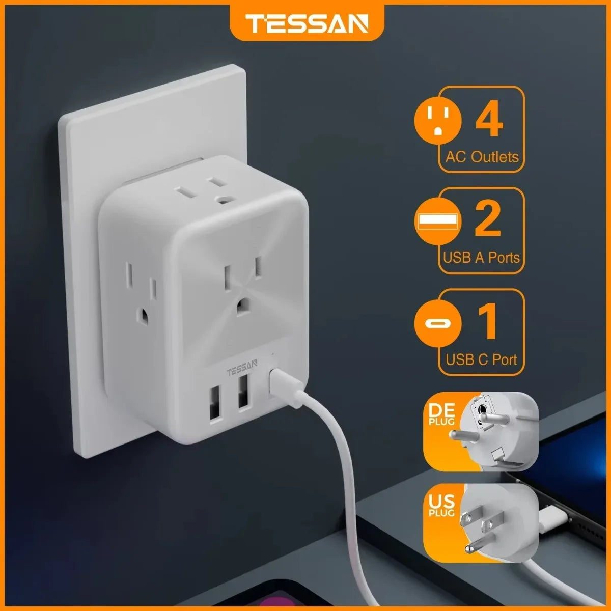 TESSAN US Plug Power Strip with 4AC Outlet and 3USB Charging Port Multi-Contacts Electrical Socket with Surge Protector for Home