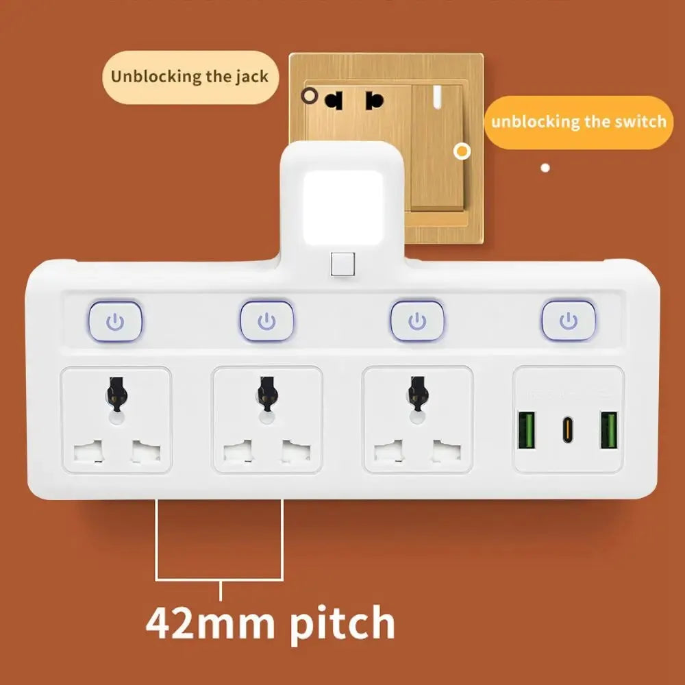 Smart plug with multiple outlets and USB ports on a brown background