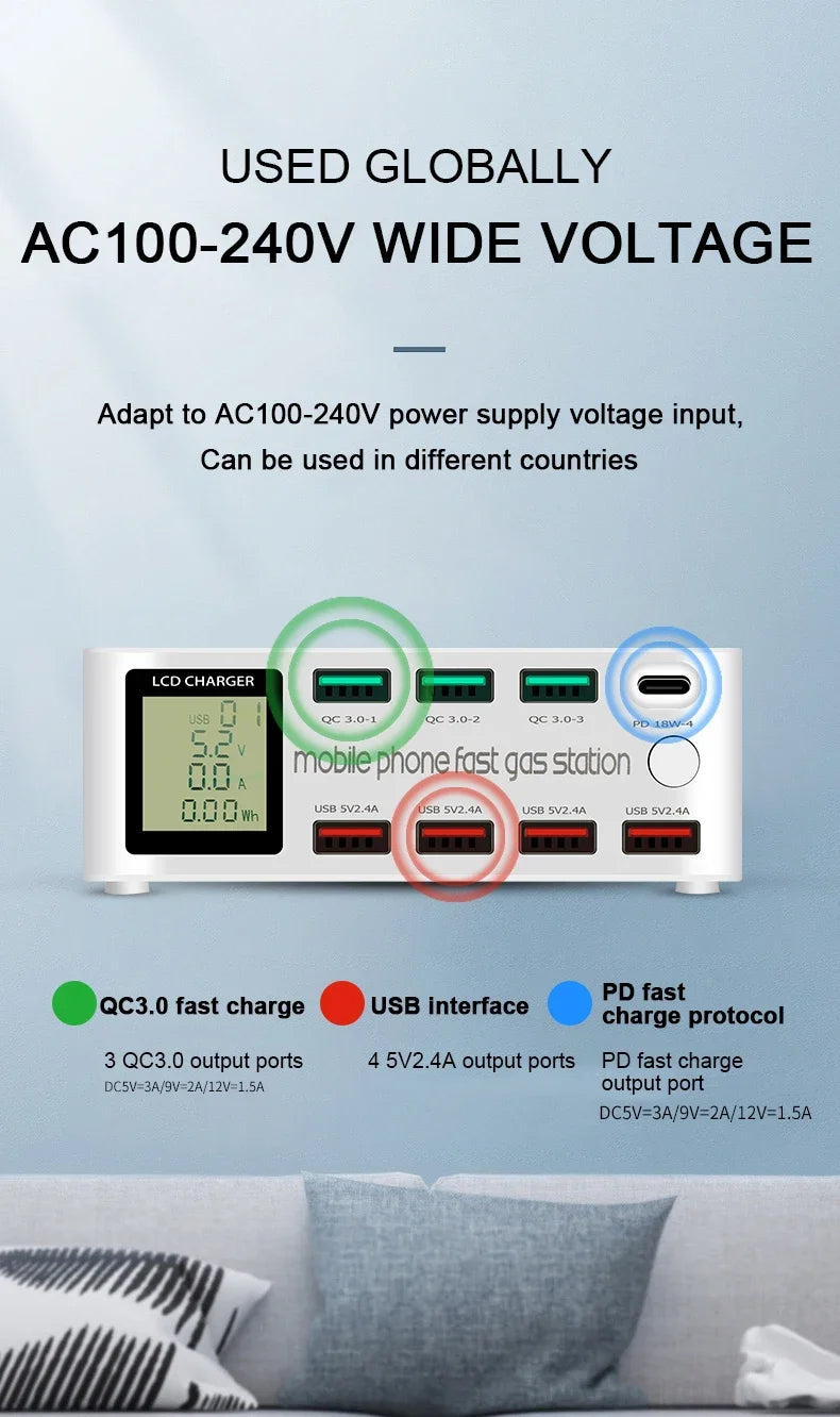 1080W Multi Ports USB Type C PD Fast Charger LED Display Quick Charge QC3.0 Desktop Charging Station for MacBook Samsung iPhone