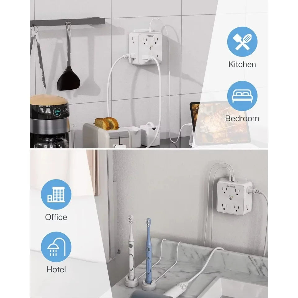 1-TESSAN Surge Protector Wall Strip with 8 AC Outlets 2 USB A and 1 USB C Surge Protector Multi Outlet Extender for Home Office