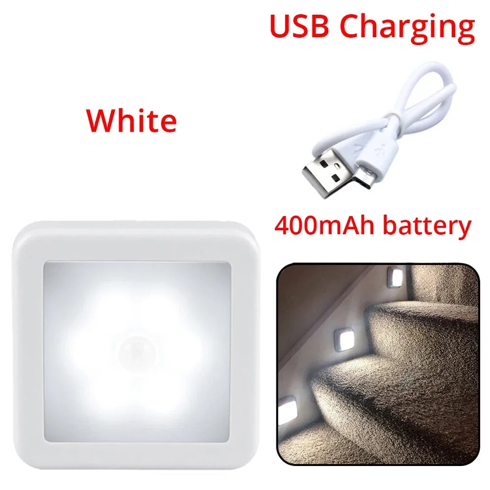 LED Night Light Smart Motion Sensor Battery USB Charging Operated Bedside Lamp Living Room Hallway Pathway Toilet Home Lighting