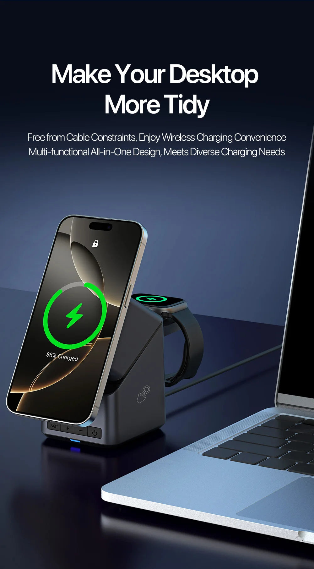 Magnetic 4 in 1 Auto Rotation Wireless Charger with Clock for Iphone 12-16 Series(15W), Apple Watch(2.5W) and Airpods (5W)