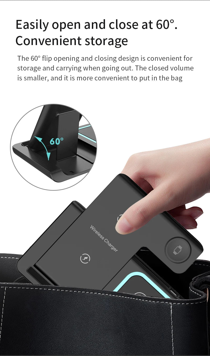 3 in 1 Wireless Charging Station Travel Charging Pad for iPhone 12~15 iWatch and Airpods  15W  Fast Charger Foldable