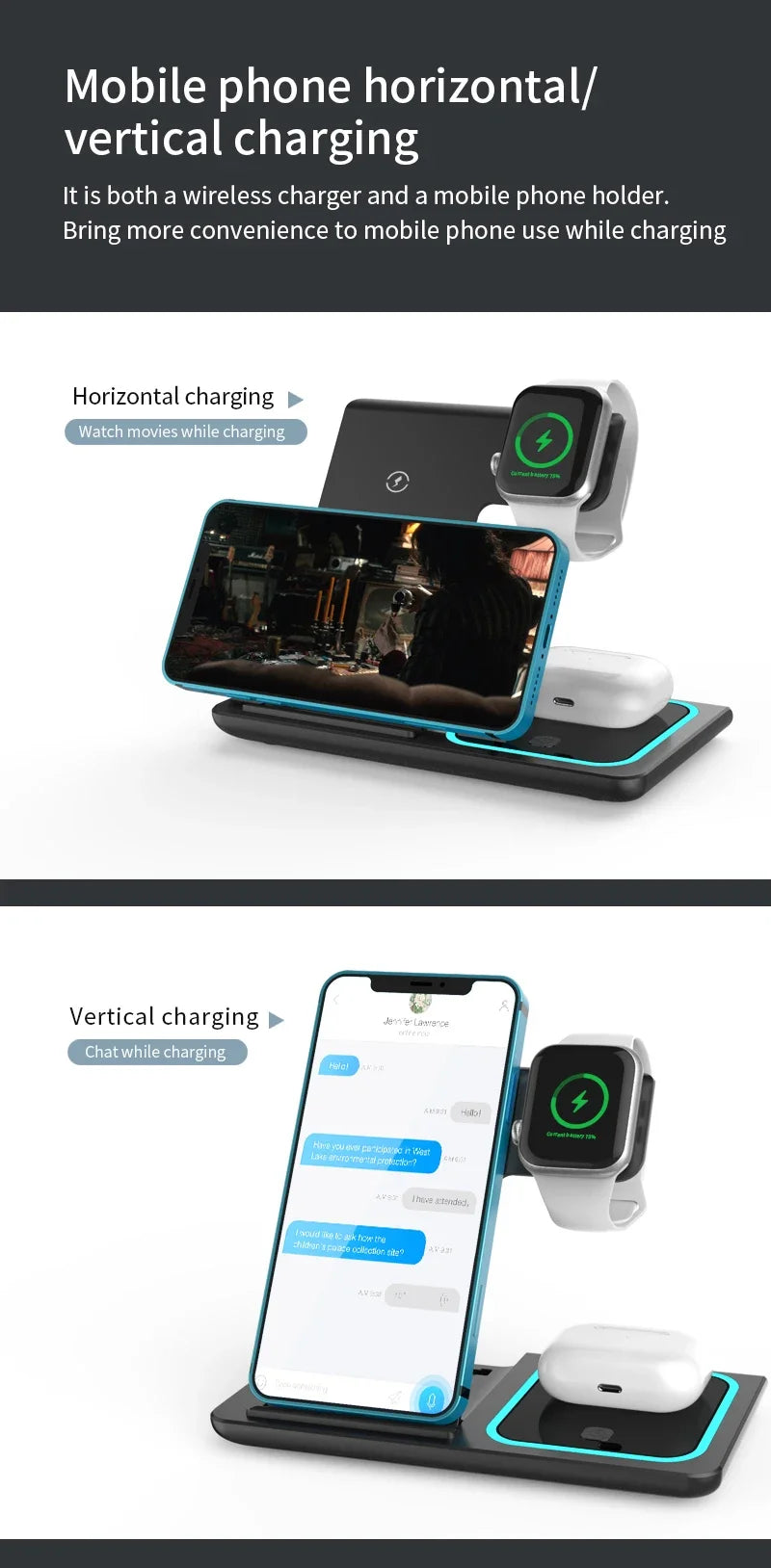 3 in 1 Wireless Charging Station Travel Charging Pad for iPhone 12~15 iWatch and Airpods  15W  Fast Charger Foldable