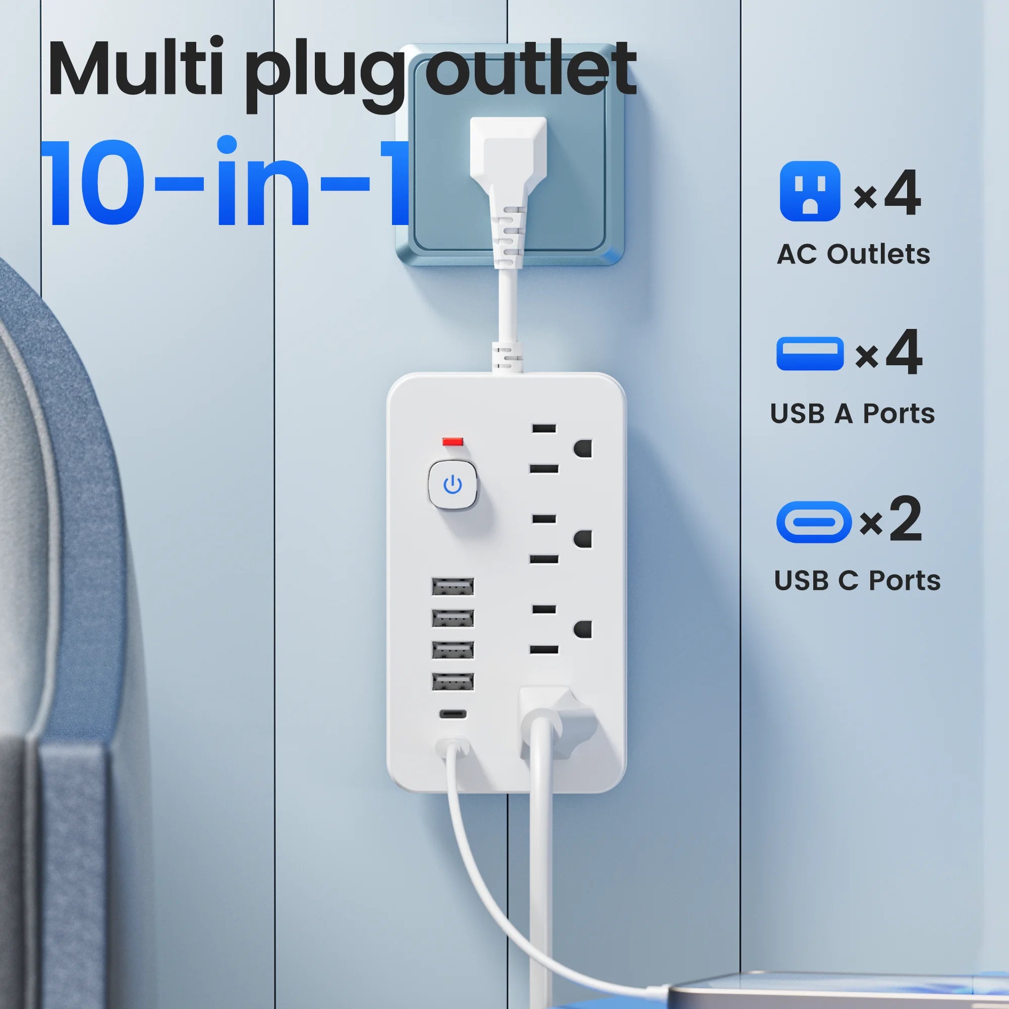 1-QKP Power Strip – 4 AC Outlets + 6 USB Ports (2 Type-C) with Surge Protection & Control Switches – Compact Corded Design