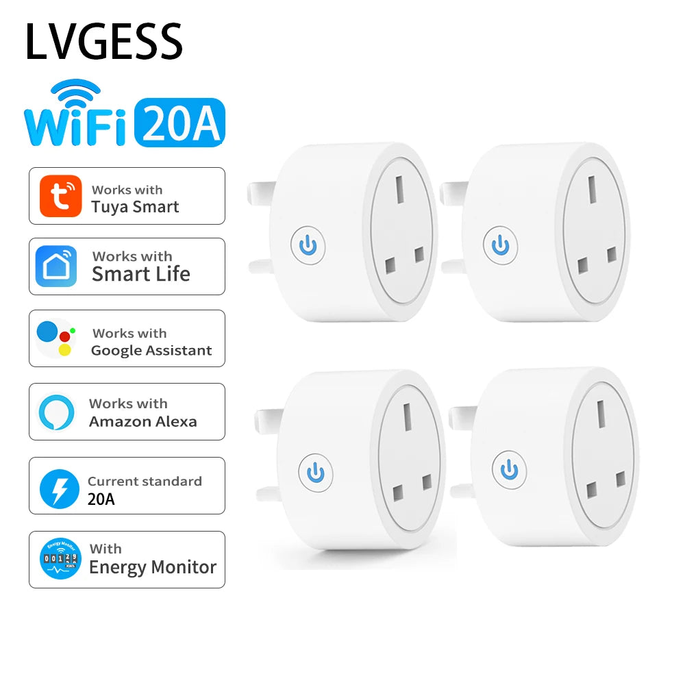 2-20A Tuya Smart Socket WiFi UK Plug 3pin Adapter Home Alexa Voice Control With Energy Monitering Timer Function Power Outlet Set