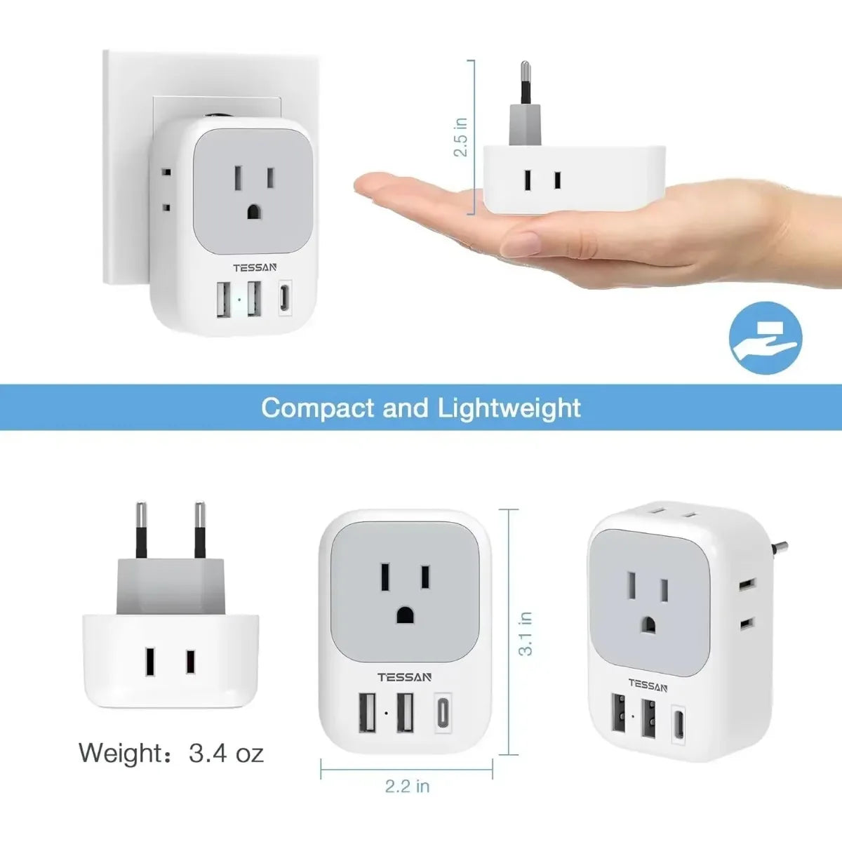 TESSAN US Plug Power Strip with 4AC Outlet and 3USB Charging Port Multi-Contacts Electrical Socket with Surge Protector for Home