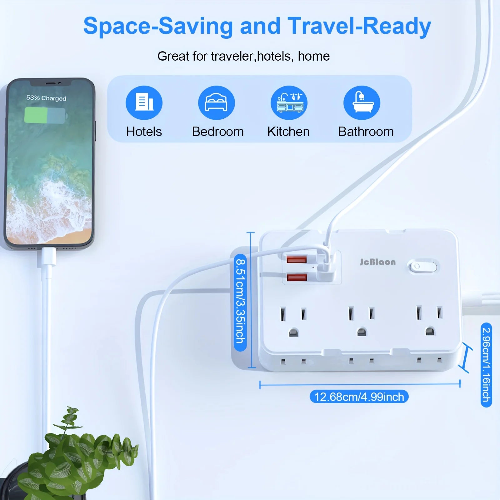 1-Surge Protector with 6 Widely Outlets Extender 4 USB Ports, 5ft Power Strip Ultra Thin Flat Plug, Power Adapter for Home Office