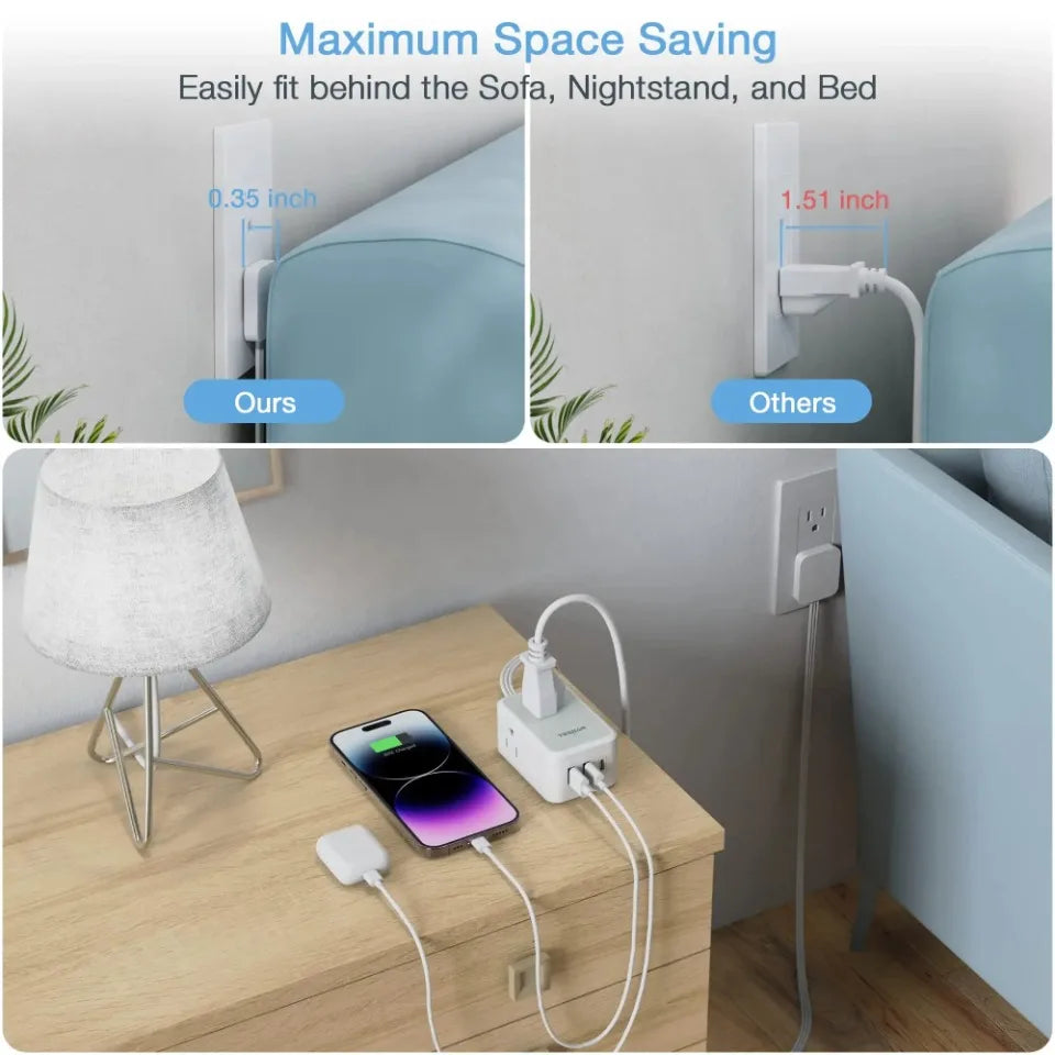 1-TESSAN Ultra Thin Extension Cord Power Strip with 3 USB 3 AC Adapter Mini Charging Station for Cruise Travel Office School Home