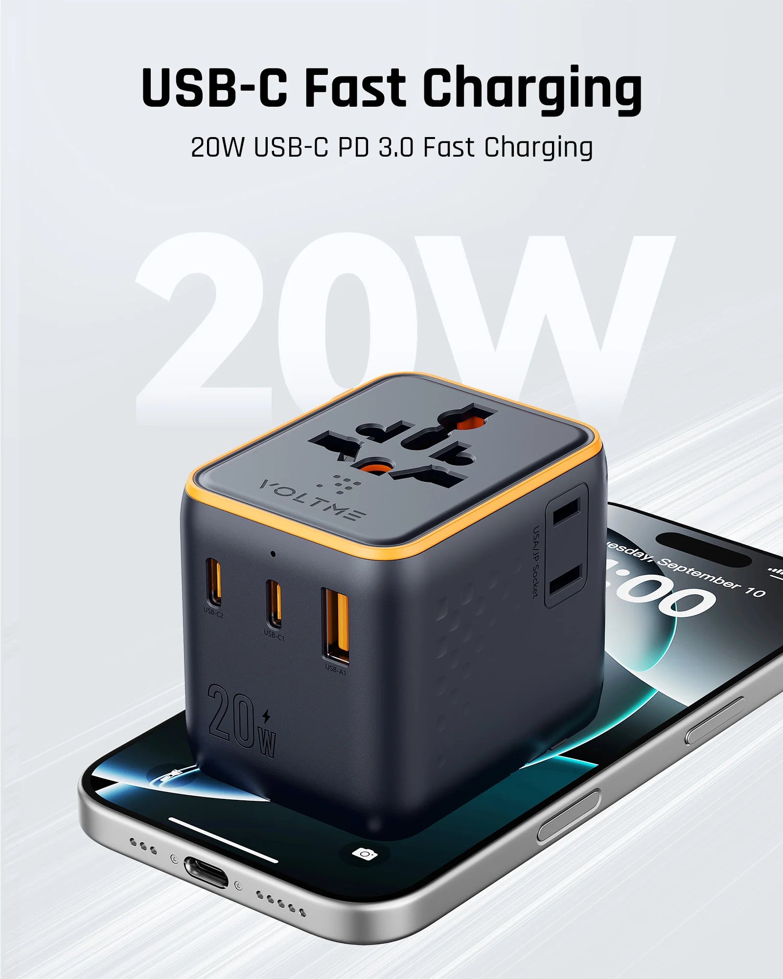 4-VOLTME 20W Travel Adapter Worldwide Power Adapter EU/UK/US/AUS Plug Travel Charging with Built in USB C for iPhone Samsung