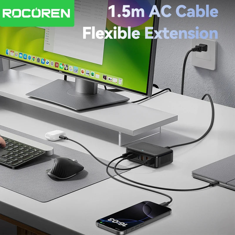 Rocoren USB Charger 100W GaN Charger 6-ports Desktop Fast Charging Type C Charger Portable Power Station For iPhone Xiaomi POCO