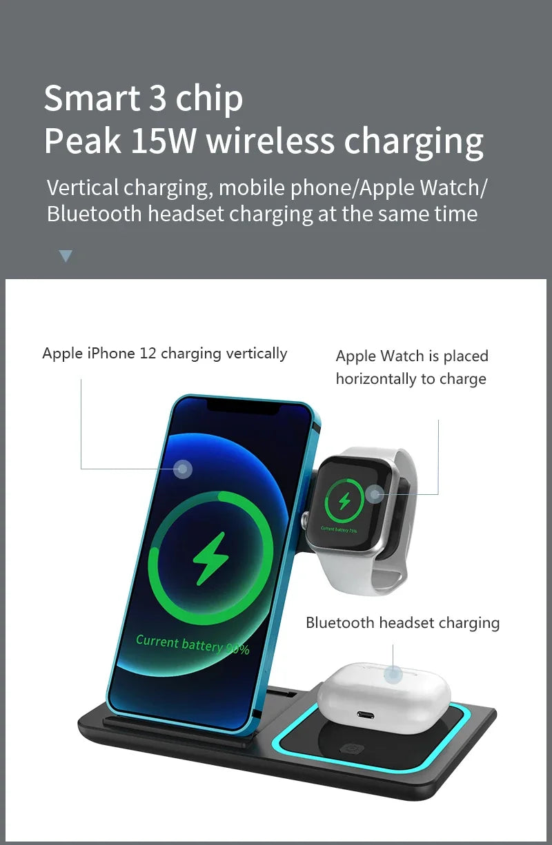 3 in 1 Wireless Charging Station Travel Charging Pad for iPhone 12~15 iWatch and Airpods  15W  Fast Charger Foldable
