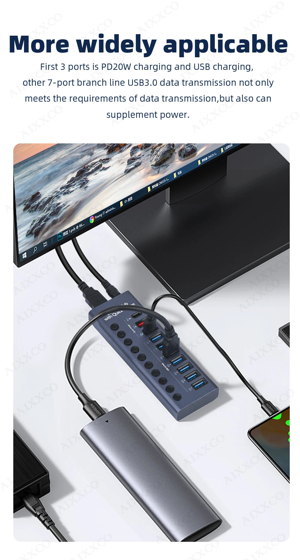 4-AIXXCO 10 Ports USB3.0 Splitter Computer Extender USB HUB 2.4A Fast Charging PD Port External 12V Power Supply