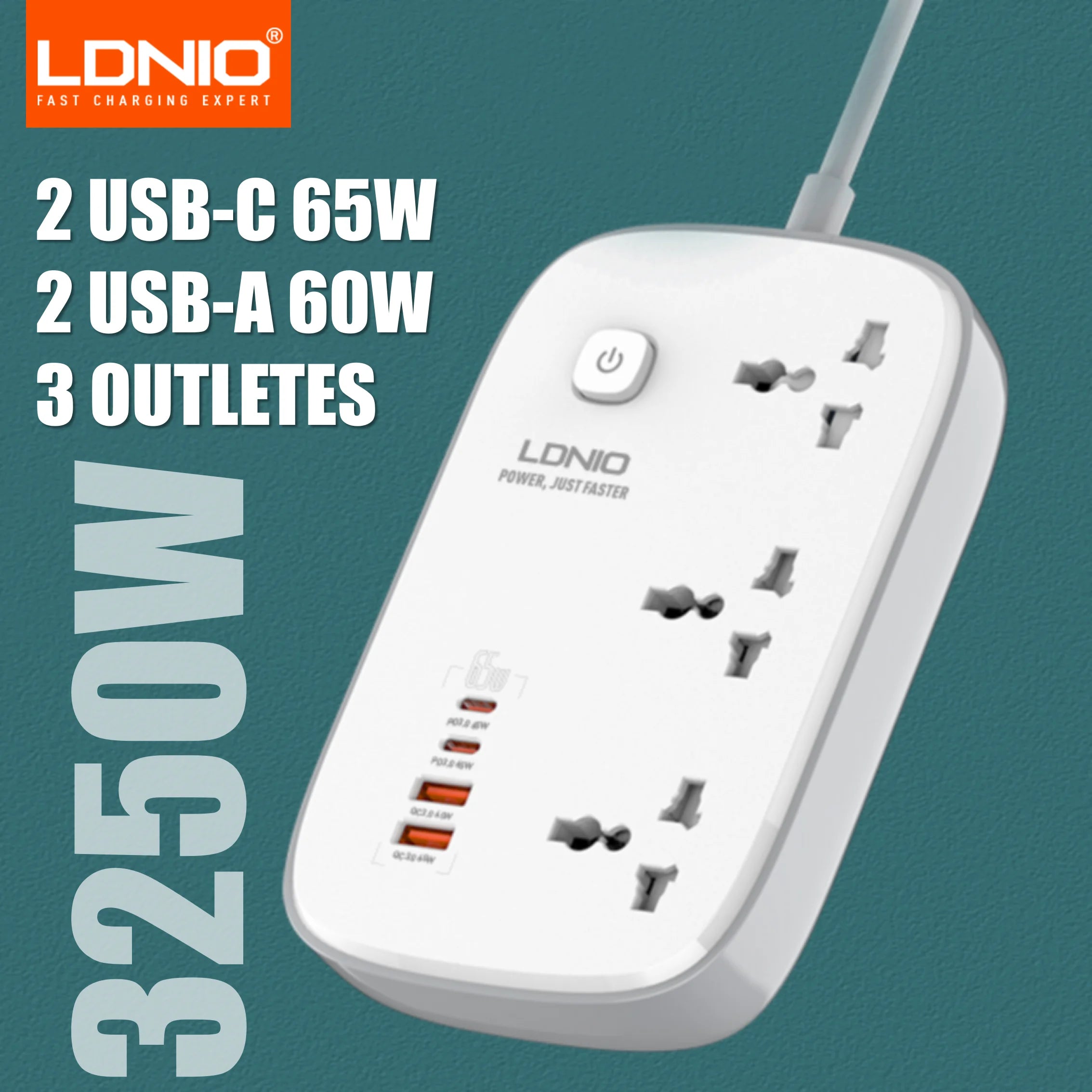 1-LDNIO 65W Power Strip with 3 Universal Outlets 4 USB Port Socket Power Socket with 2M Bold Extension Cord Surge Protector SC3416