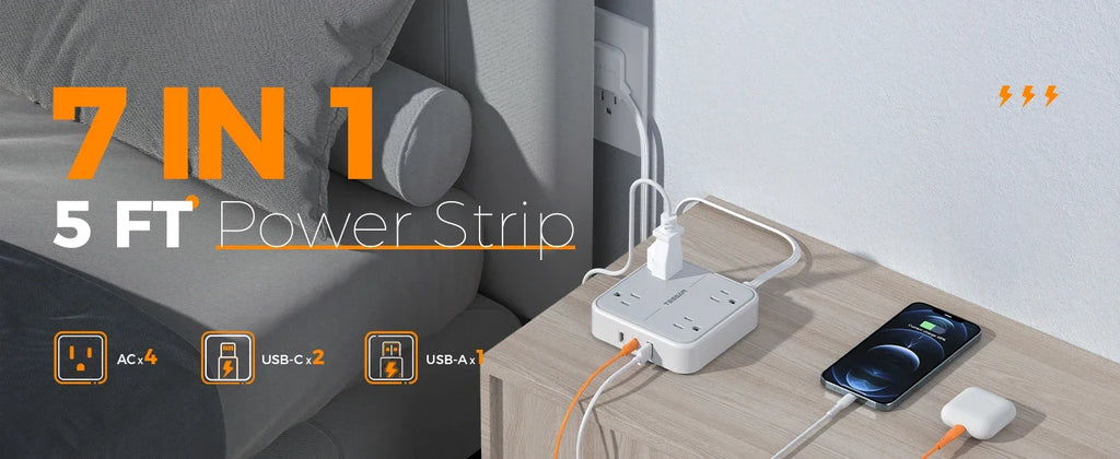 1-TESSAN Electrical Extension Flat Plug Type C Multi-Plug Strap Multi-Plug Connector with 8 AC Outlets and 3 USB Ports (1 Type C)