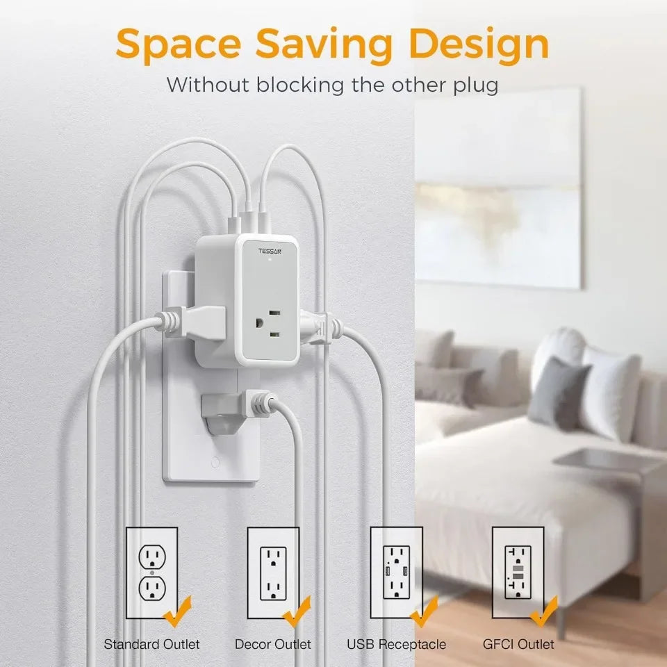 TESSAN US Plug Power Strip with 4AC Outlet and 3USB Charging Port Multi-Contacts Electrical Socket with Surge Protector for Home