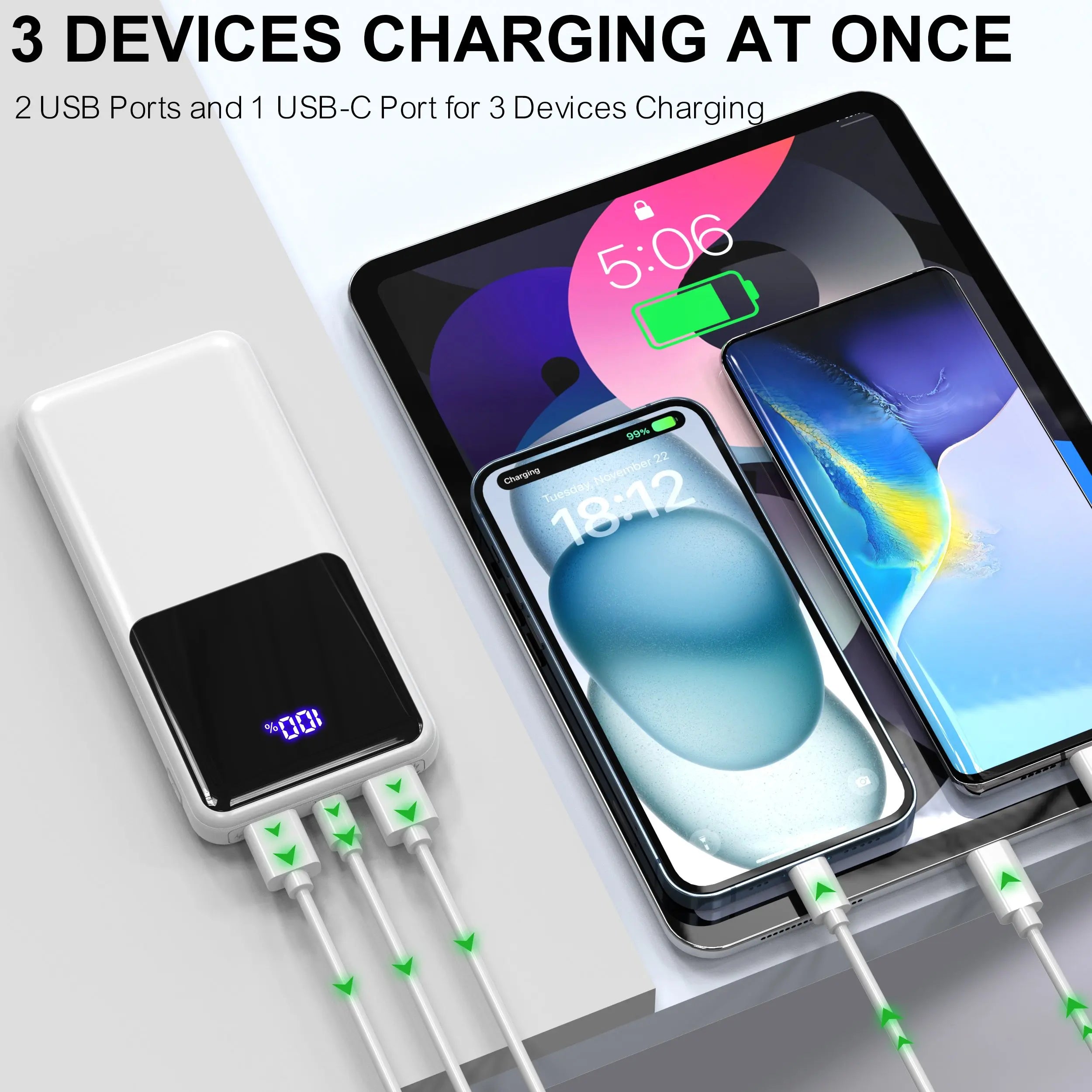 Power Bank Battery Pack Portable Charger, 10000mAh, PD 22.5W, Slim Design, 3 Outputs & 2 Inputs with LCD Display