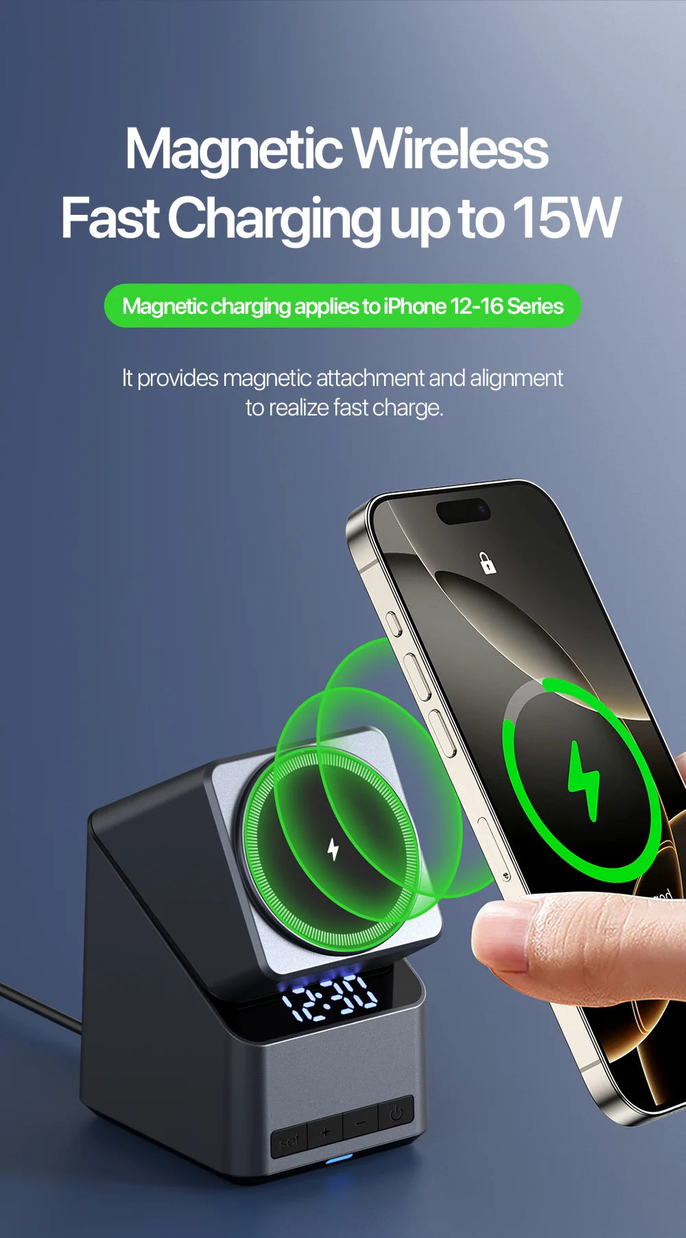 Magnetic 4 in 1 Auto Rotation Wireless Charger with Clock for Iphone 12-16 Series(15W), Apple Watch(2.5W) and Airpods (5W)