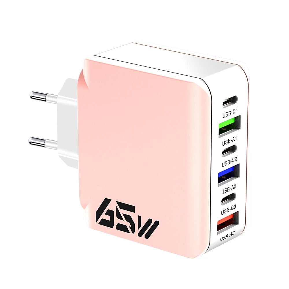 65W USB C Wall Charger Fast Charger 6 Ports Quick Charge 3.0 Adapter for iPhone 13 14 15 Xiaomi Samsung Oppo Mobile US/EU Plug