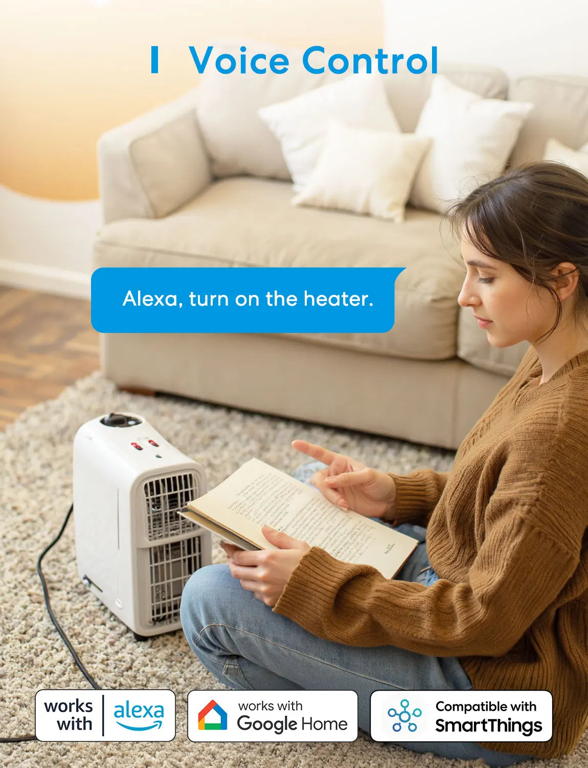 Woman sitting on the floor with a heater and a book, using voice control to turn on the heater.