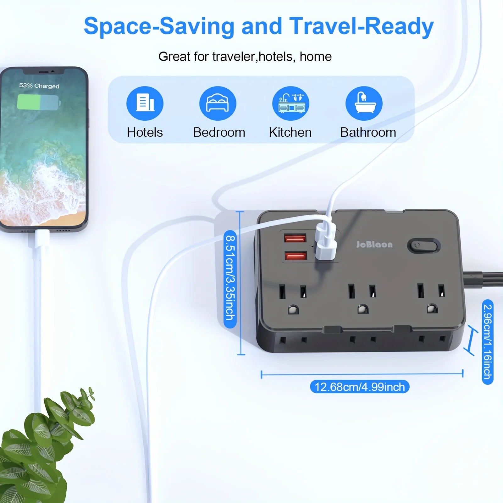 1-Surge Protector with 6 Widely Outlets Extender 4 USB Ports, 5ft Power Strip Ultra Thin Flat Plug, Power Adapter for Home Office