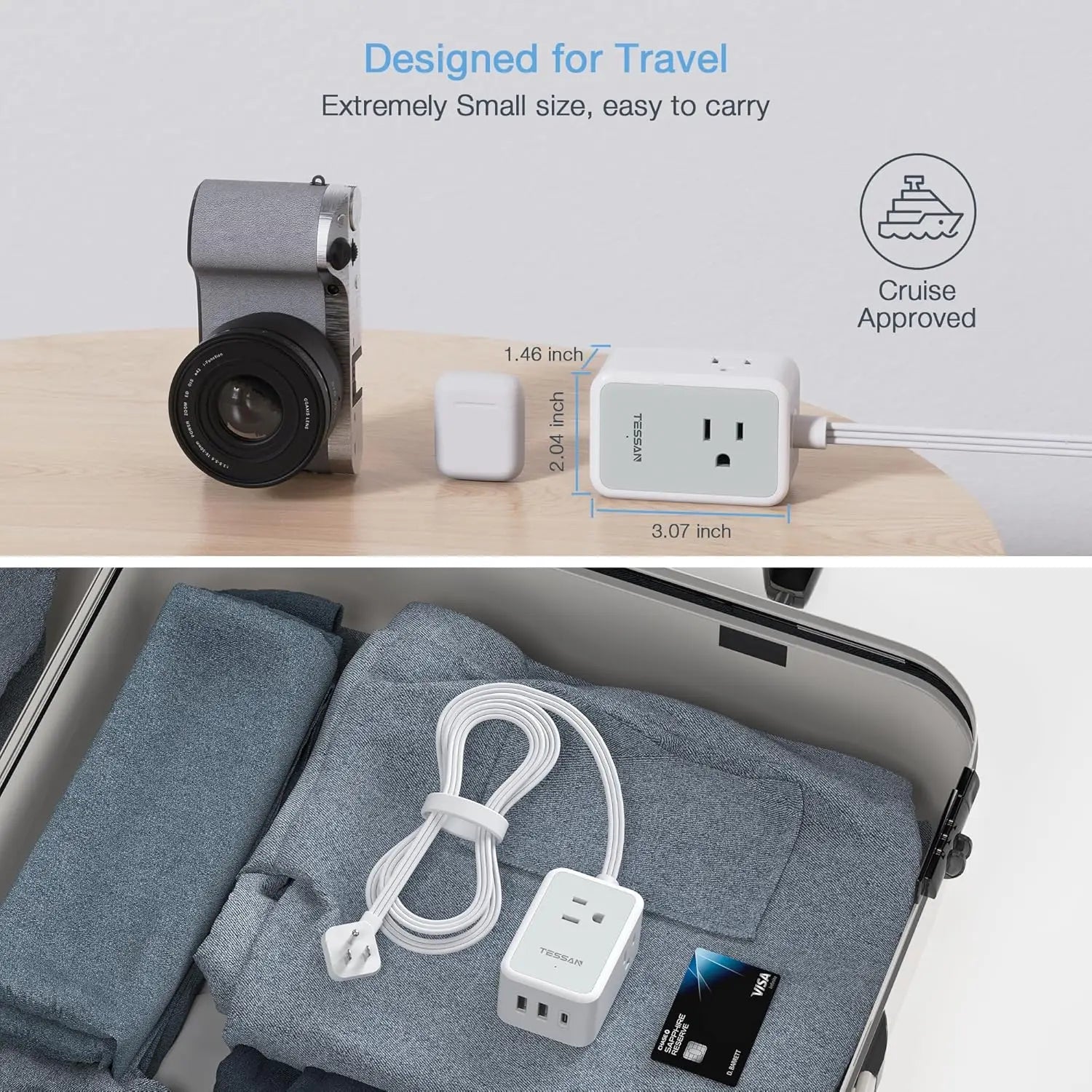 1-TESSAN Ultra Thin Extension Cord Power Strip with 3 USB 3 AC Adapter Mini Charging Station for Cruise Travel Office School Home