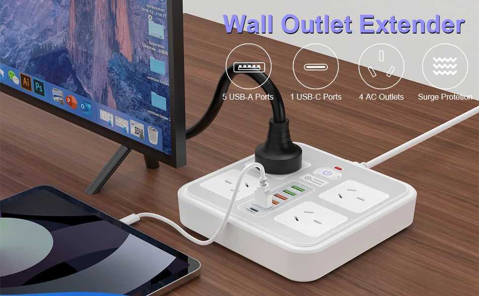 AU Plug Power Board:  AC Outlets,  USB-A,  USB-C, Overload Protection