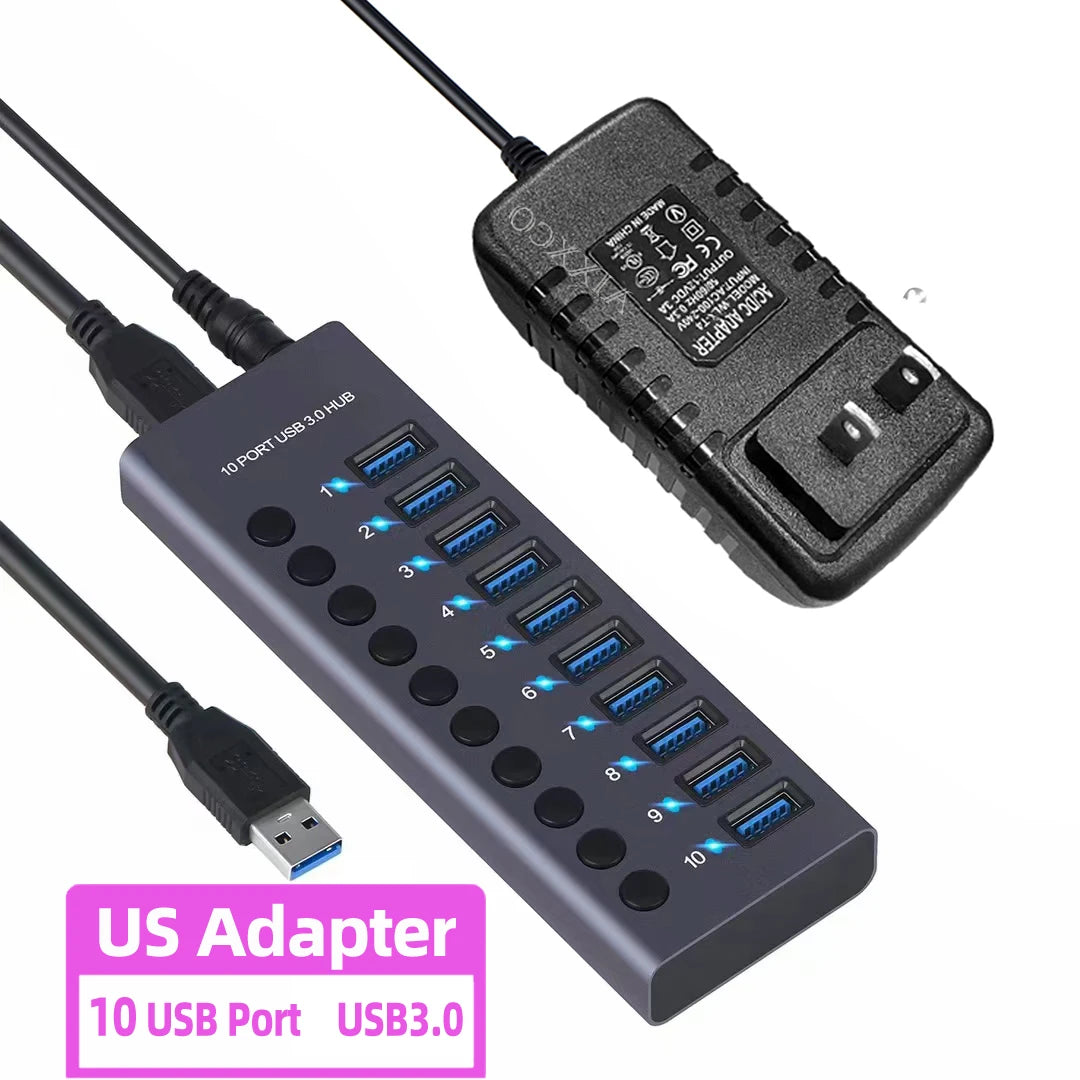 4-AIXXCO 10 Ports USB3.0 Splitter Computer Extender USB HUB 2.4A Fast Charging PD Port External 12V Power Supply