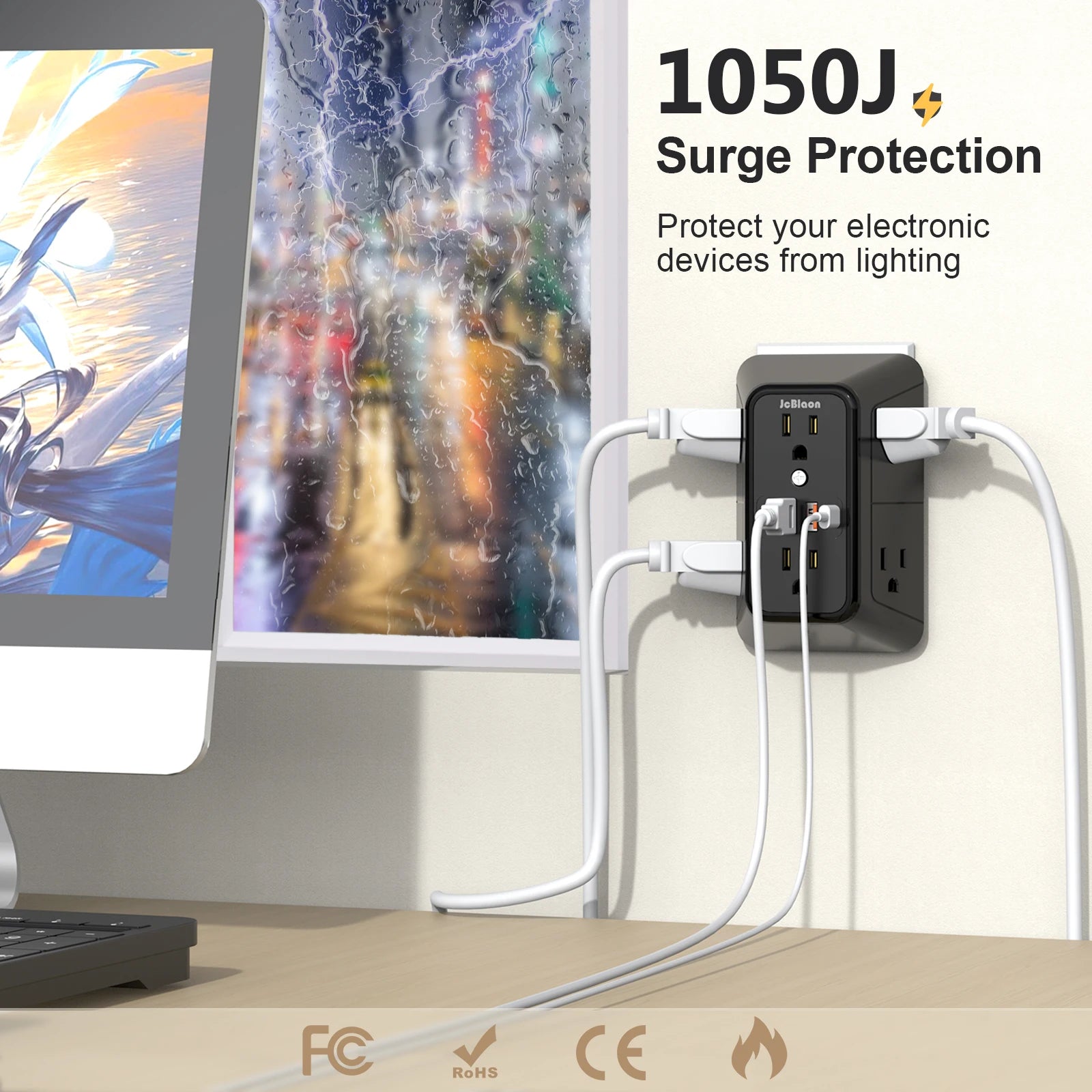 JcBlaon 6‑Outlet Wall Power Strip with USB-A & USB-C | UL Certified
