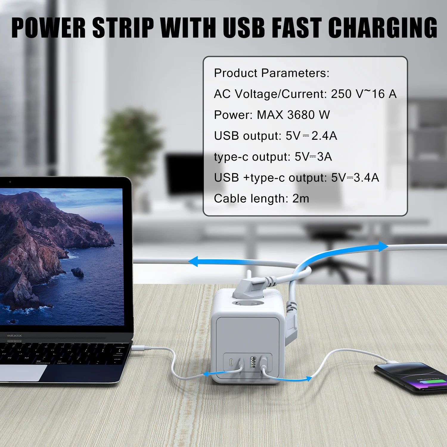 3680W Tower Power Strip with USB fast charging, EU plug 8 AC Multi Outlet Surge Protection 2m Extension Cable for home
