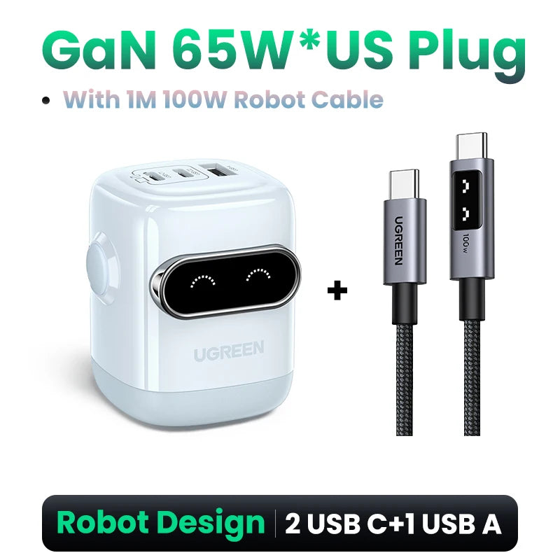 【US Plug】UGREEN 65W 30W GaN Charger Robot Design QC4.0 3.0 PPS for iPhone 16 15 14 Pro Macbook Laptops Tablet PD3.0 Fast Charger
