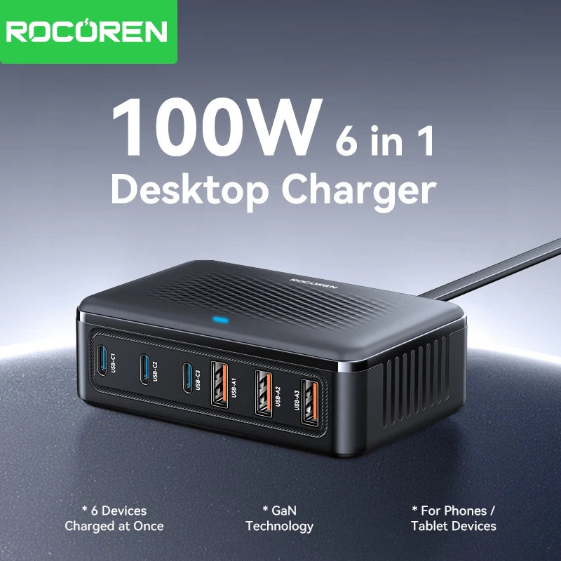 Rocoren USB Charger 100W GaN Charger 6-ports Desktop Fast Charging Type C Charger Portable Power Station For iPhone Xiaomi POCO