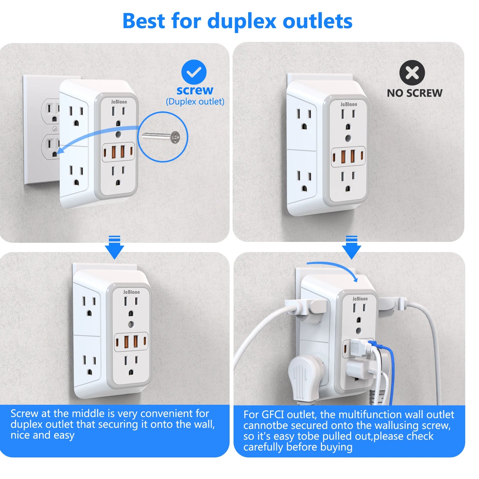JcBlaon 6‑Outlet Wall Power Strip with USB-A & USB-C | UL Certified