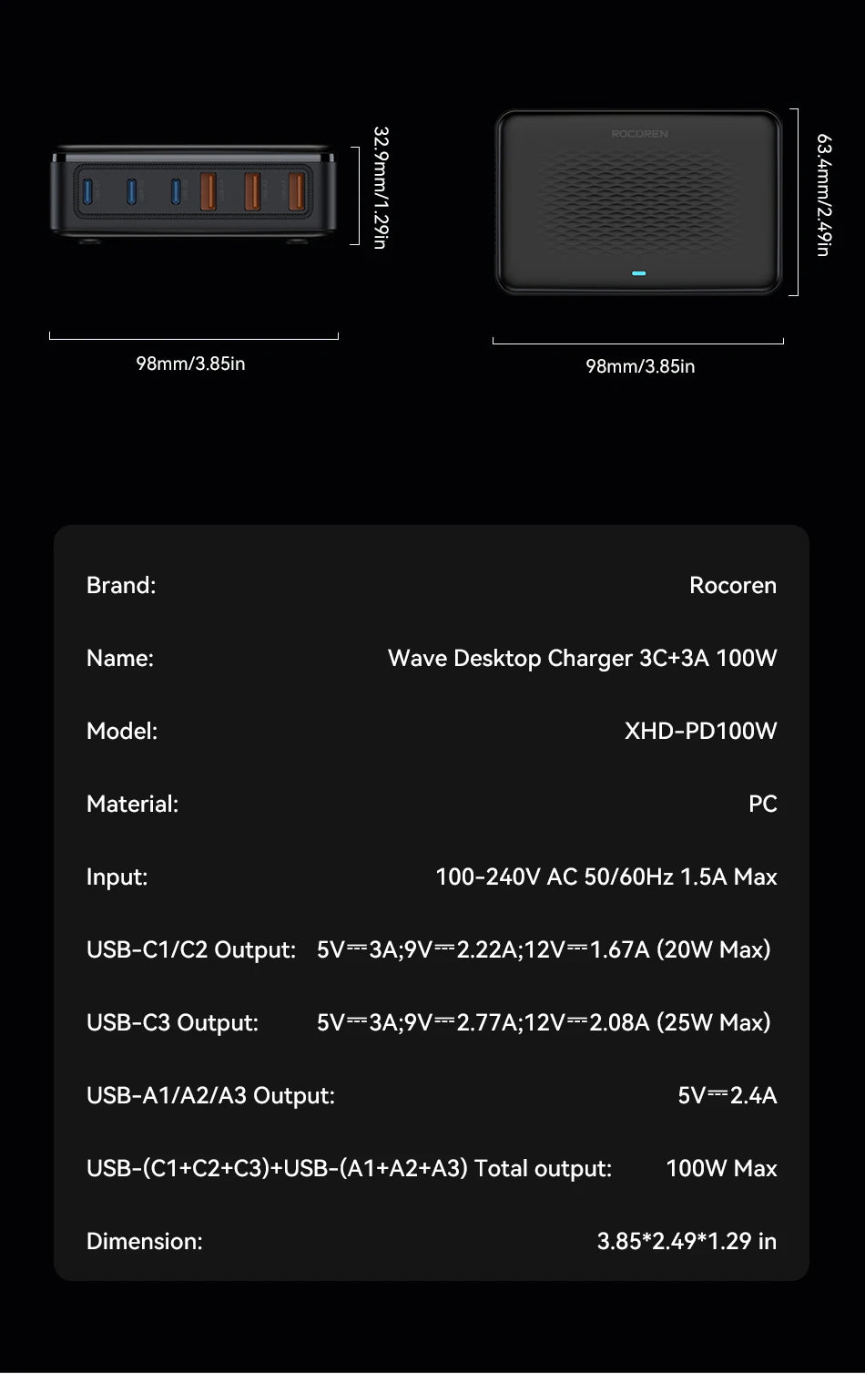 Rocoren USB Charger 100W GaN Charger 6-ports Desktop Fast Charging Type C Charger Portable Power Station For iPhone Xiaomi POCO