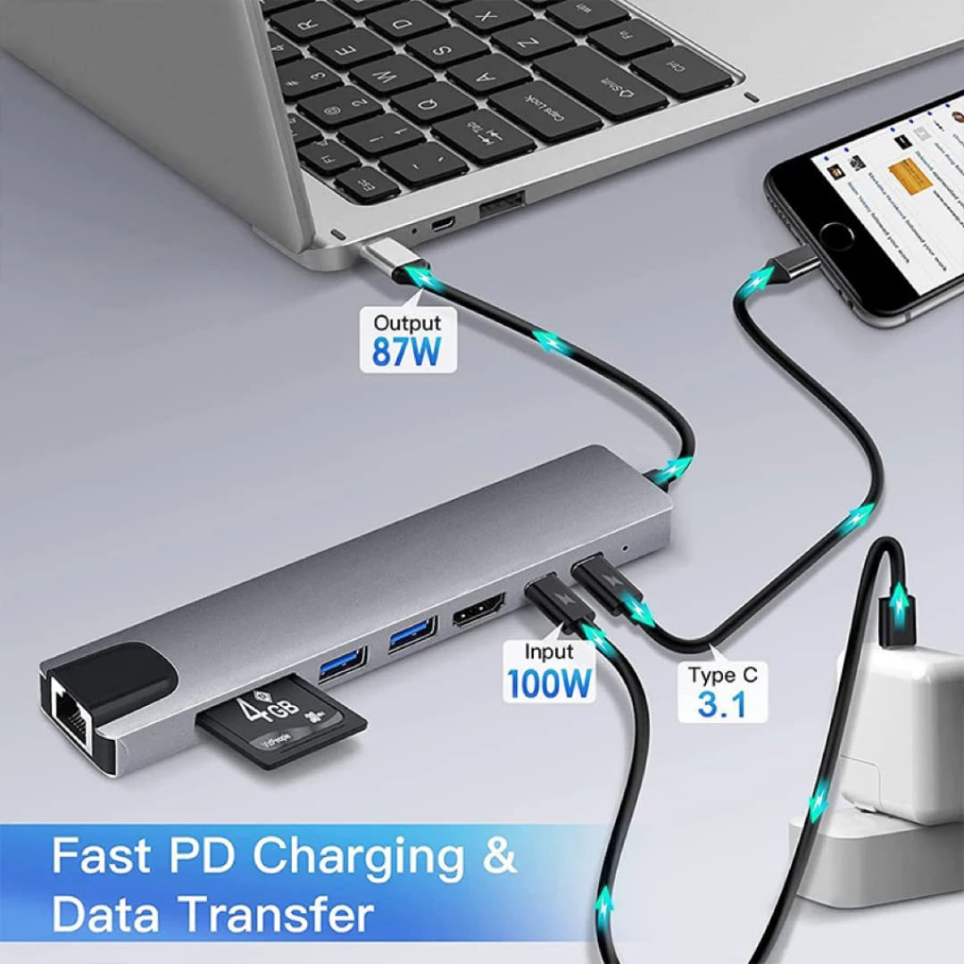 4-8 in 1 USB C Hub Type C to 4K HDTV Adapter with RJ45 SD/TF Card Reader Fast Charger for MacBook Notebook Windows Laptop Computer