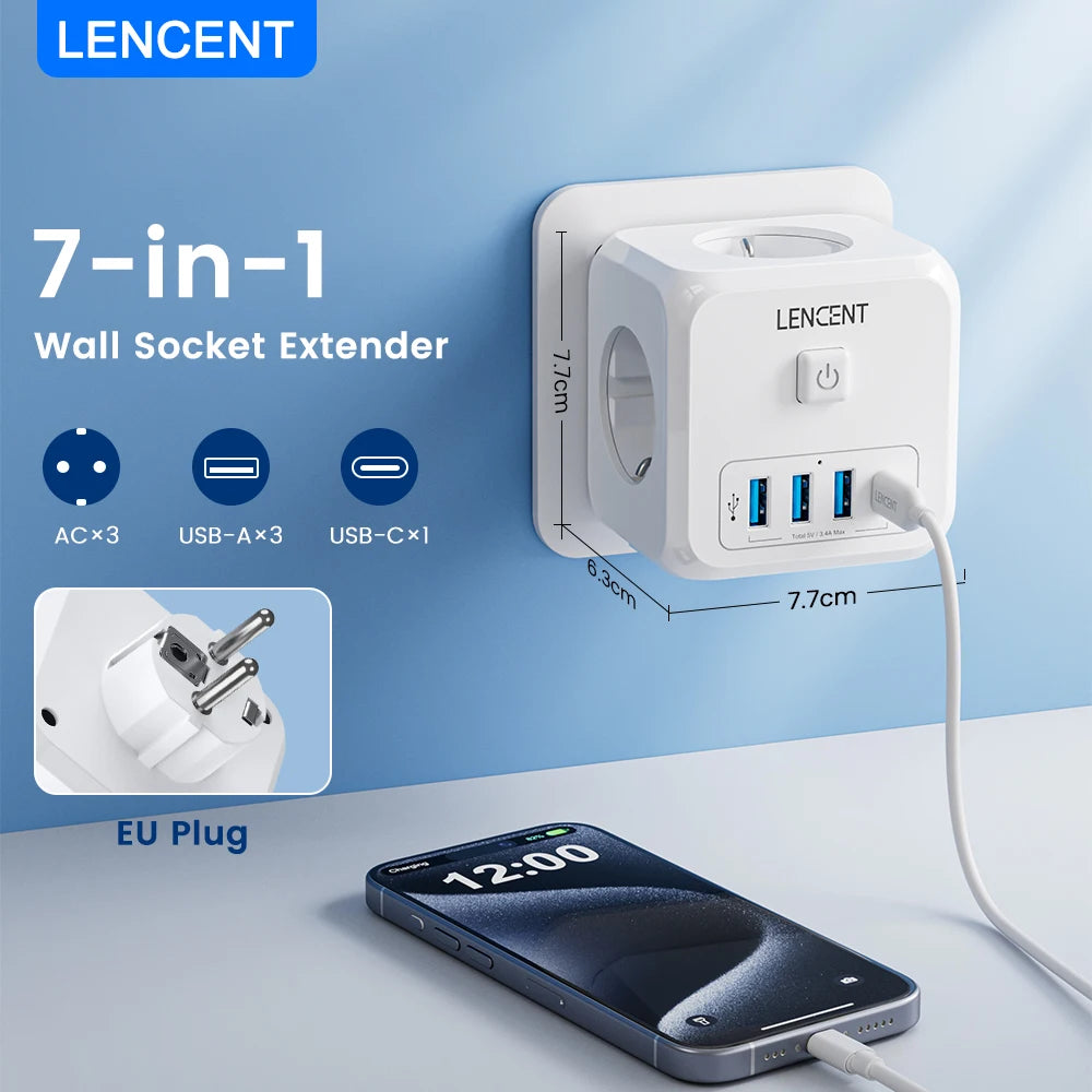 LENCENT 7-in-1 wall socket extender with smartphone charging on a blue background