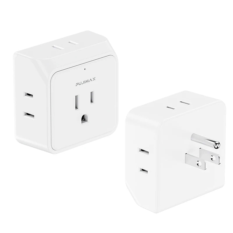 Two white travel adapters with multiple sockets on a white background