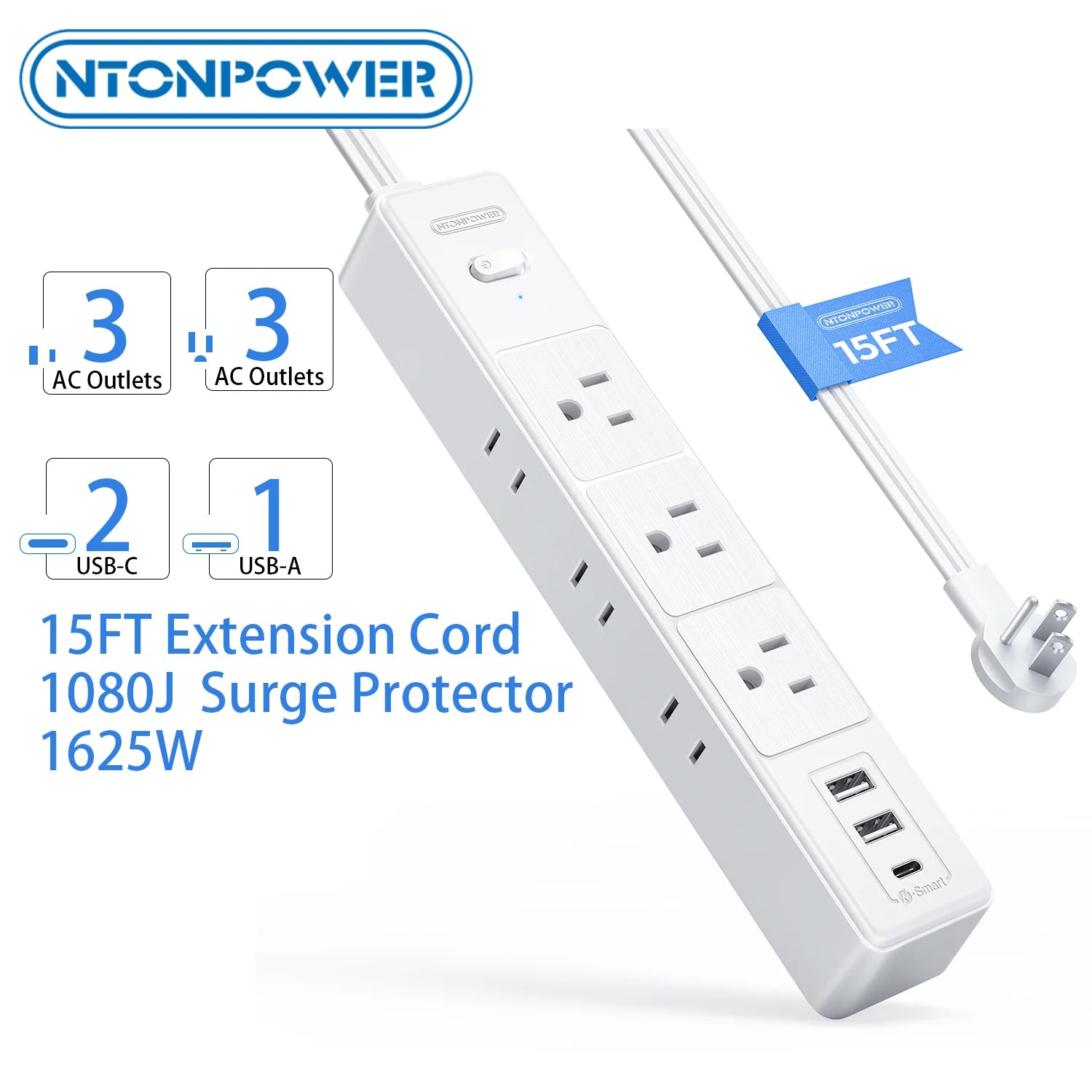 6 AC Outlet Power Strip with 3 USB Ports (1 USB-C) & 25FT Extension Power Cord Surge Protector & Network Filter US Plug